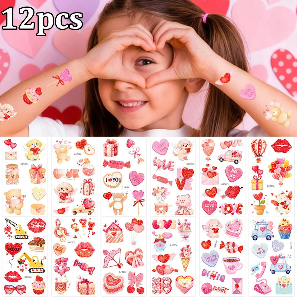 12pcs Glitter Heart-shaped Candies Temporary Tattoos Pink Puppy Kiss Lips LOVE Fake Tattoo For Women Tattoo Stickers For Couples