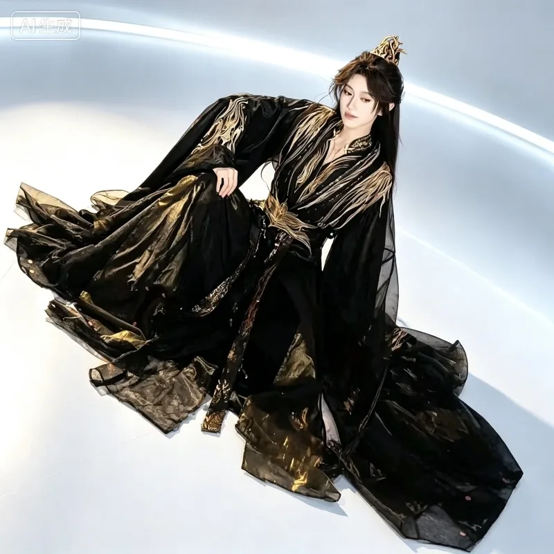 Traditional Chinese Embroidered Black Gold Hanfu For Men Women Carnival Event Cosplay Collectible Costume