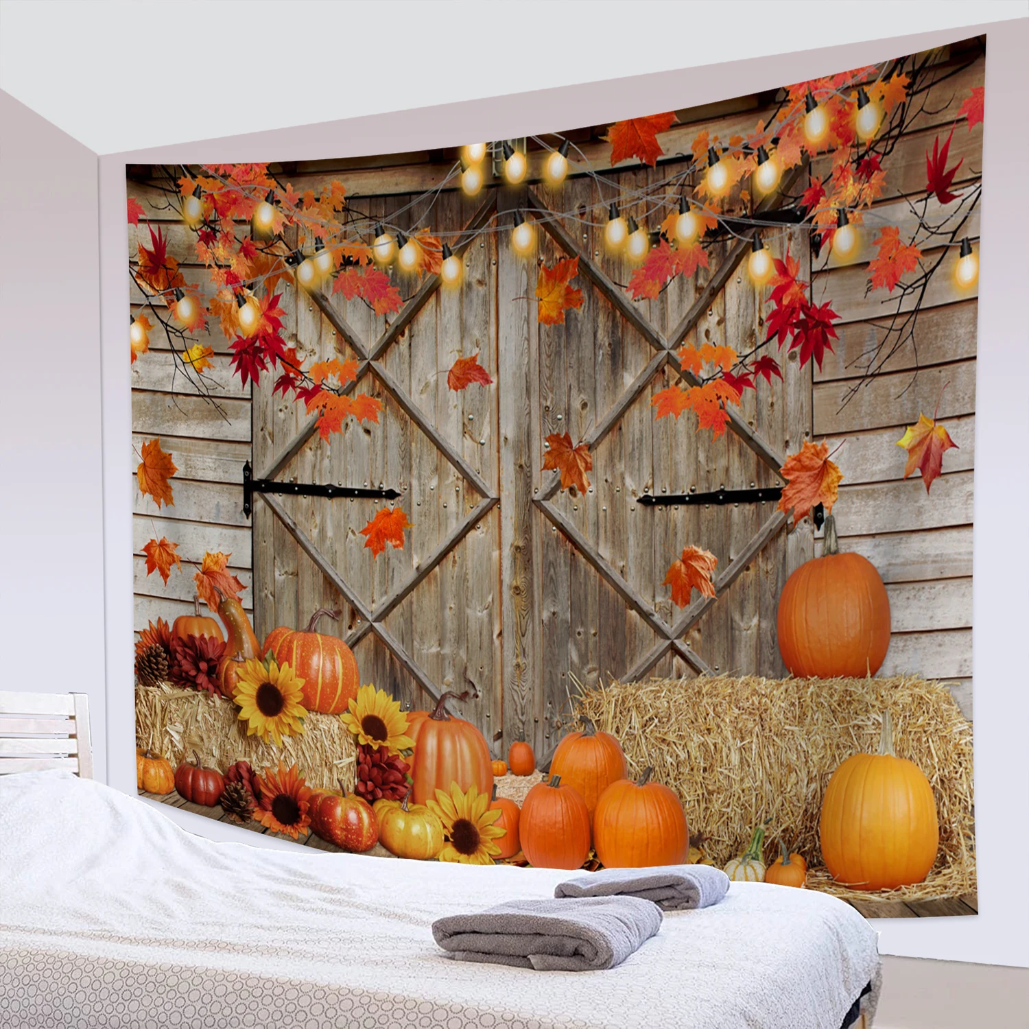 

Fall Thanksgiving Tapestry Rustic Wooden Barn Autumn Pumpkins Wall Hanging Tapestries Hippie Psychedelic Art Decor for Home