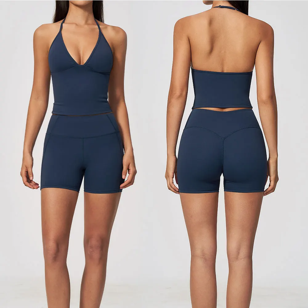 2PCS Gym Set Women Backless Halter Tops High Waist Shorts Gym Suit Fitness Outfits Sports Bras Sportswear Workout Sets Yoga Set