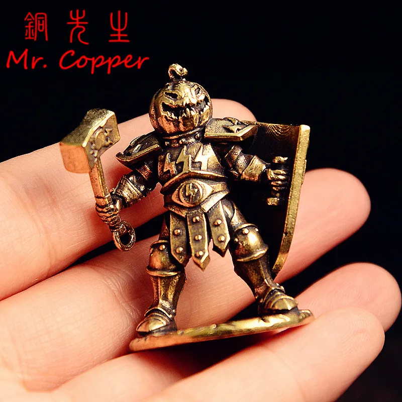 Retro Brass Made Shield Soldier Statue Pumpkin Demon Warrior Display With Hammer Pumpkin Headgear Figurine Home Office Decors