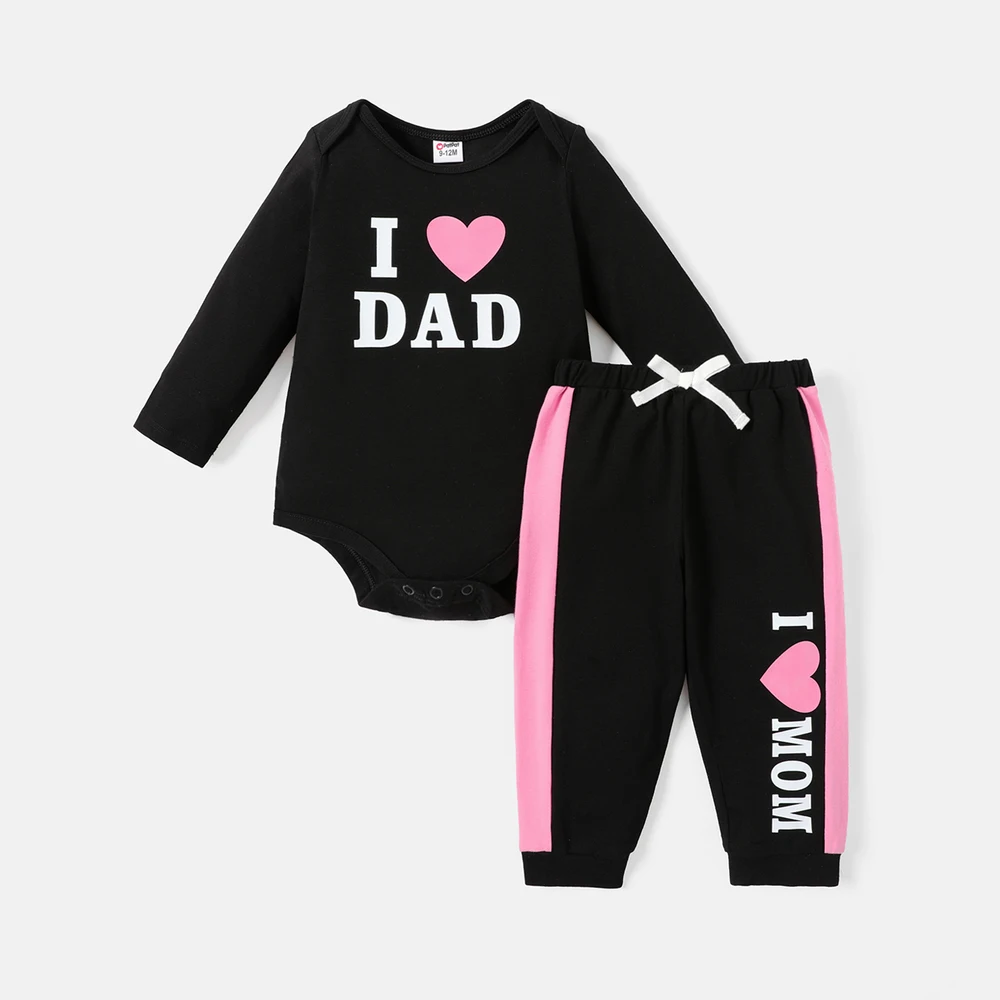 PatPat 2-delige set van katoenen romper en joggingbroek met lange mouwen en hart- en letterprint voor babymeisjes