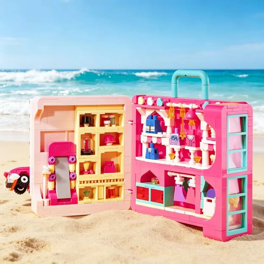 830PCS Dream Wardrobe Model Building Blocks MOC Pink Hand Luggage Clothes Hats Skirts Bricks Toys for Girls Christmas DIY Gifts