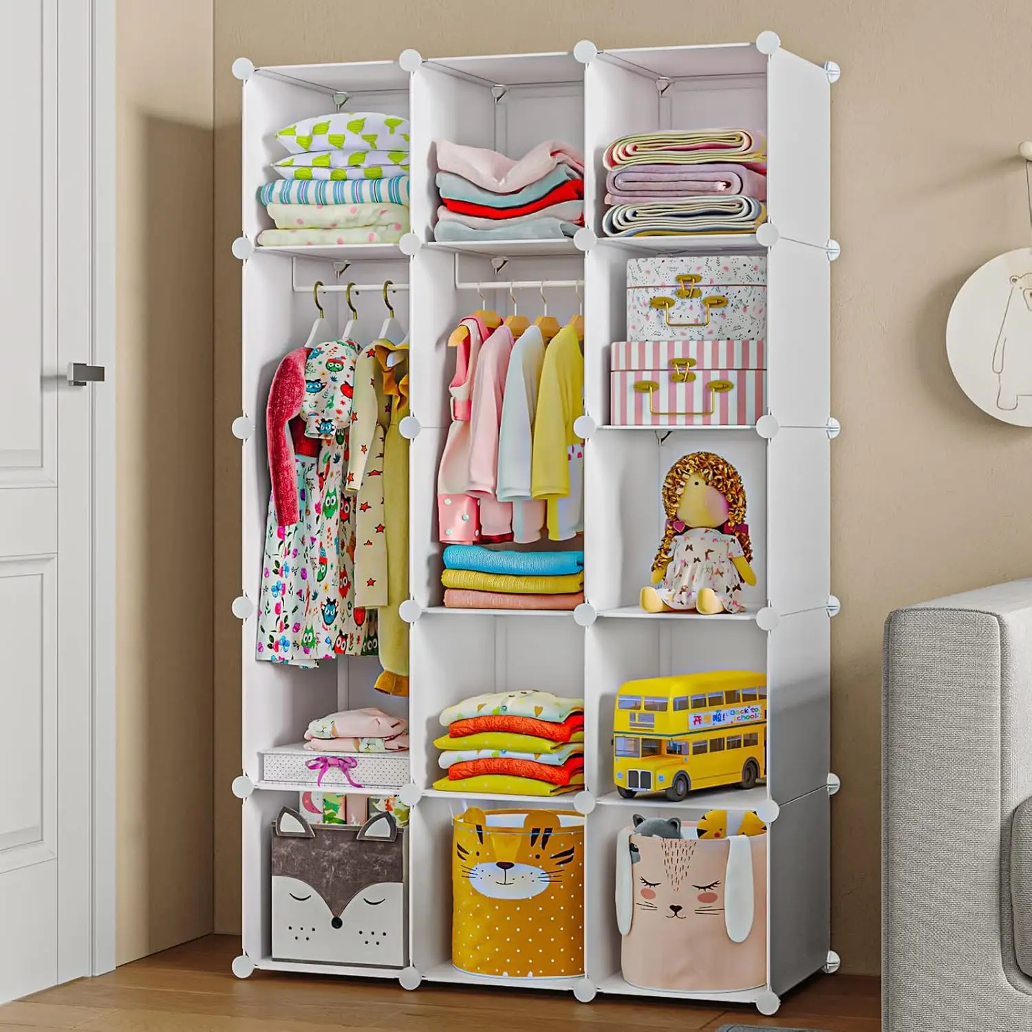 

Modular Baby Wardrobe Closet, Portable Kids Storage with 15 Cubes and Hanging Rods for Nursery