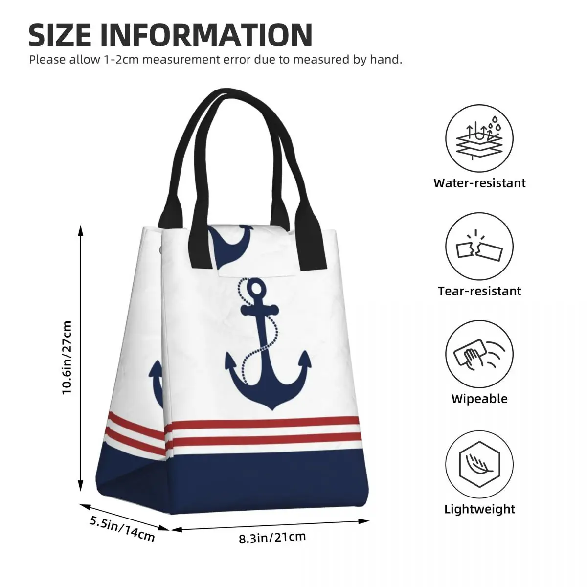 Nautical Navy Blue Anchor With Stripes Lunch Bag Portable Sailing Sailor Cooler Thermal Insulated Bento Box Women Food Tote Bags