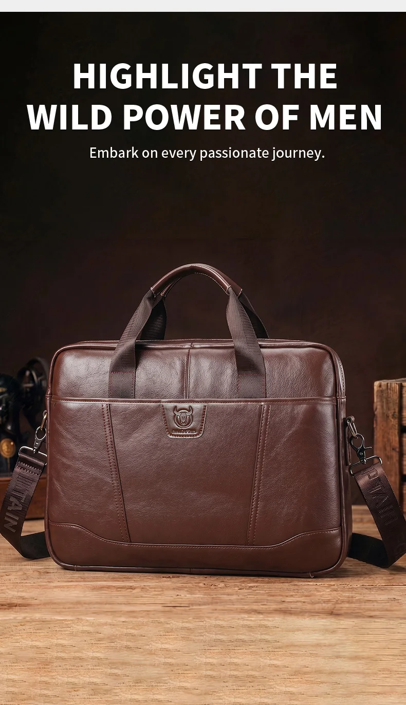 BULLCAPTAIN Men's Briefcase Bag Top Layer Leather Handcrafted Laptop Bag with Multiple Compartments Business Shoulder Messenger