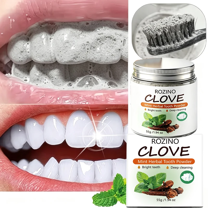 Rozino Clove Mint Herbal Tooth Powder 55g Deeply Cleans Surface Stains on Teeth Freshens Oral Odor Gentle Herbal Formula Daily Oral Care Product Ideal Oral Health Care Product for Both Men and Women Breath Freshener Toothpaste Alternative Daily Teeth Cleaning Powder