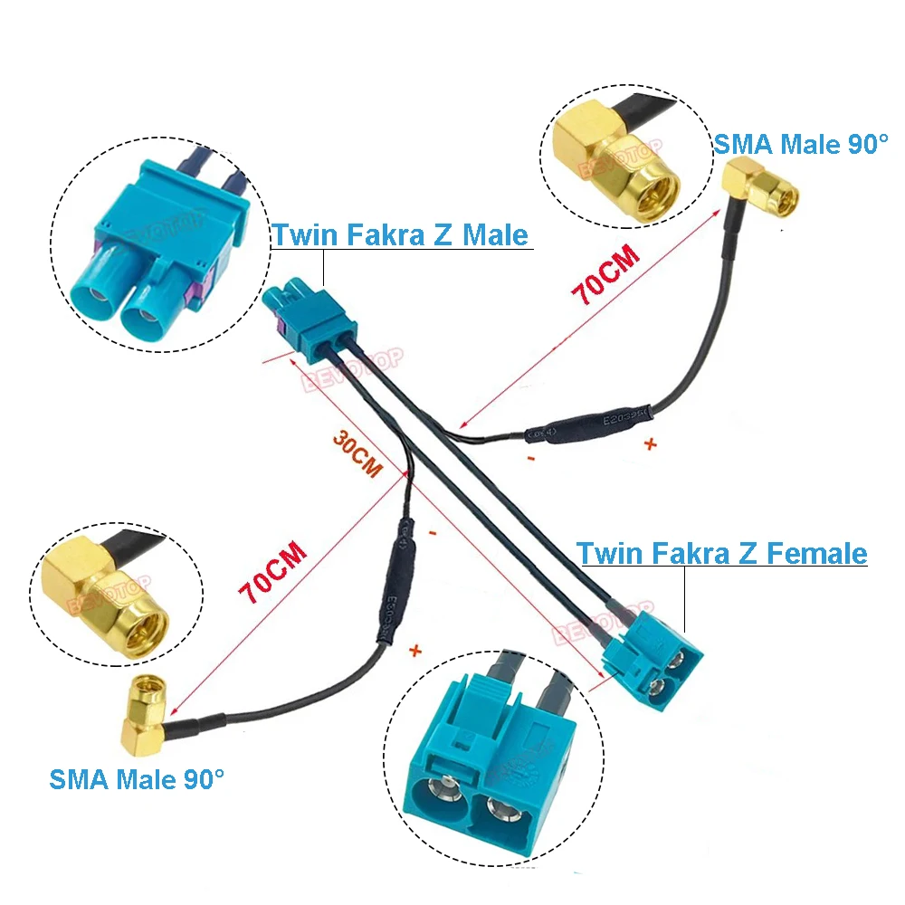 BEVOTOP Twin Fakra Z Male Female to 2 SMA Male Right Angle 90° Splitter cables With Diode Custom-made RF Coaxial Cable Jumper