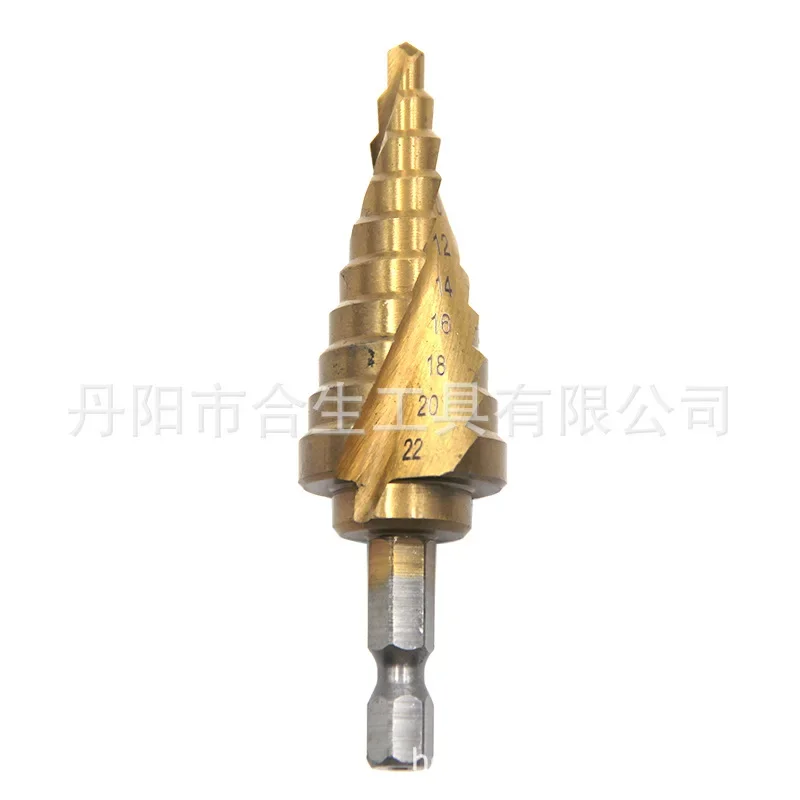 hexagonal shank spiral groove plated titanium step drill 4-22mm pagoda drilling cutting tool