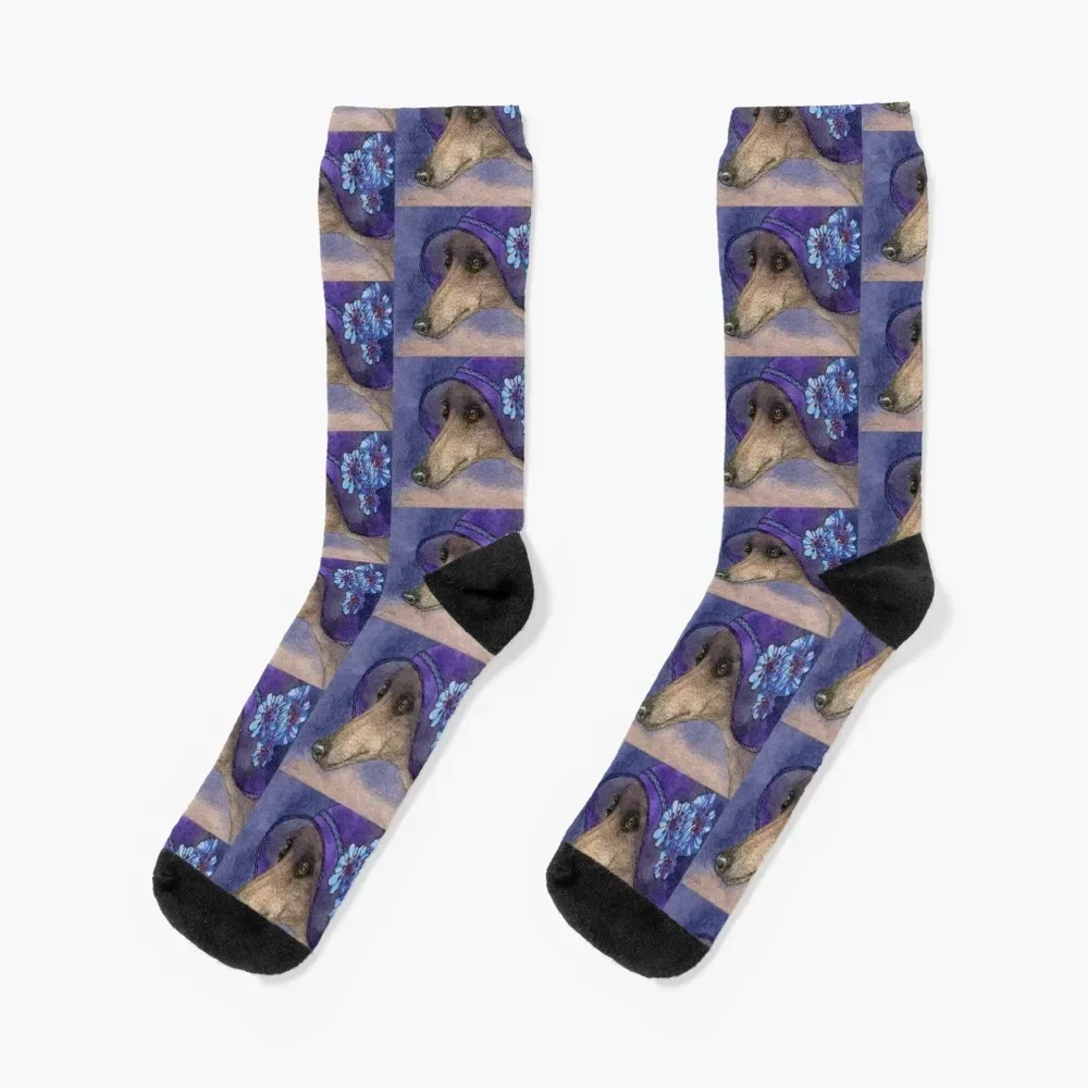 Whippet of Mystery, Greyhound dog in fabulous hat with blue flowers Socks football Hiking boots Women's Socks Men's