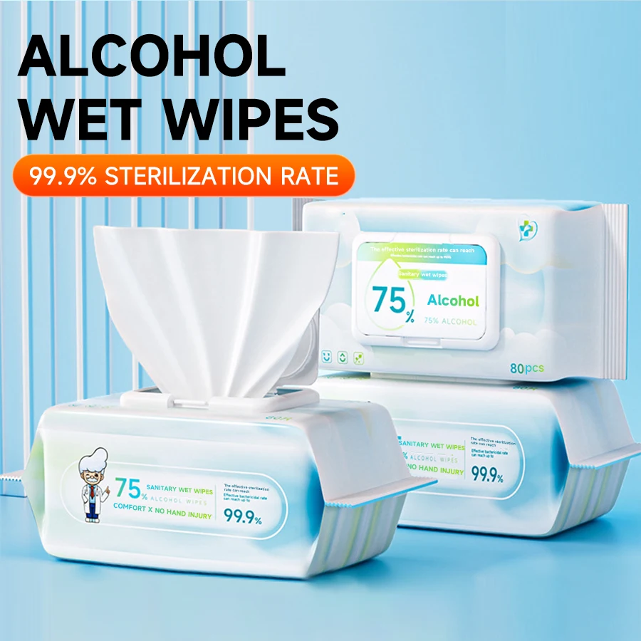 مناديل مطهرة محمولة مناديل مبللة للكحول الصحي بدون تبييض تنظيف طبي للمدرسة والمكتب والسفر في الهواء الطلق