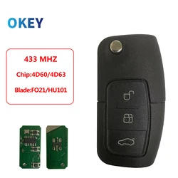 Okey Fernbedienung Auto Schlüssel Ford Focus 3 2 Mondeo Fiesta Key Fob Fall 3 Taste 80/40 Bit433MHz 4D63/4D60 Chip Flip