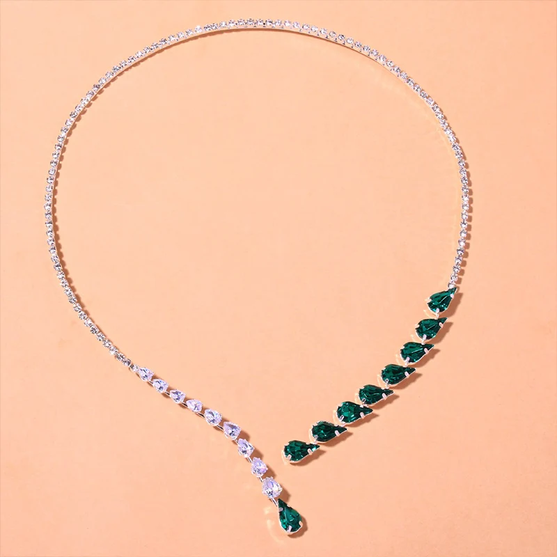 XSBODY Vintage Green Open Necklace Rhinestones Collar Water Droplets Pendant Fashion Crystal Bridal Choker Wedding Jewelry