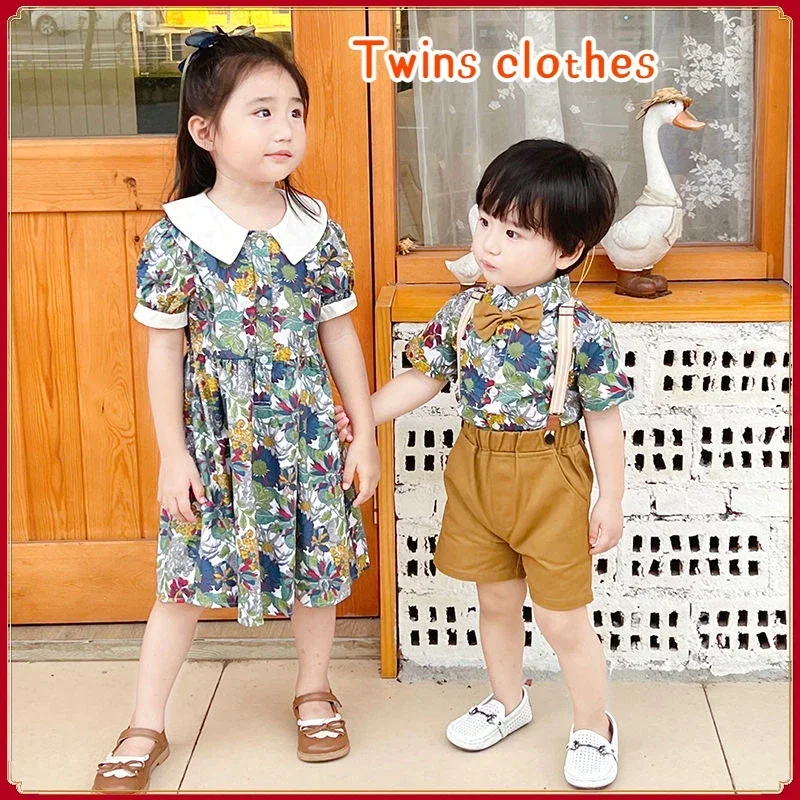 Brother and Sister Matching Summer Kid Children Clothes Baby Boy Floral Short Sleeve Shirt + Shorts Suit Baby Girl Flower Dress