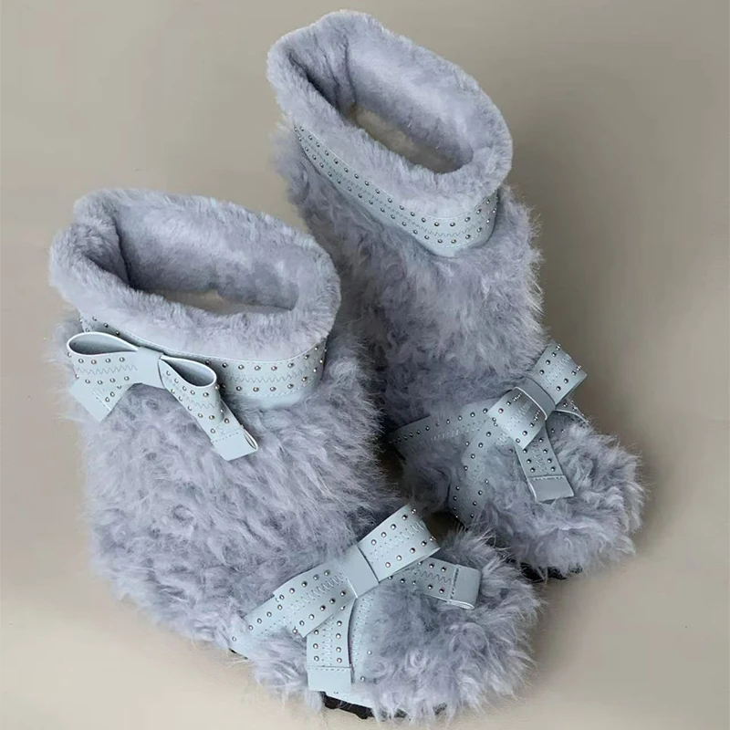 

Snow Boots for Women Fur Flats Warm Dress Cotton Shoes Designer Winter Ankle Boots 2025 New Fashion Short Plush Bow Ladies Botas
