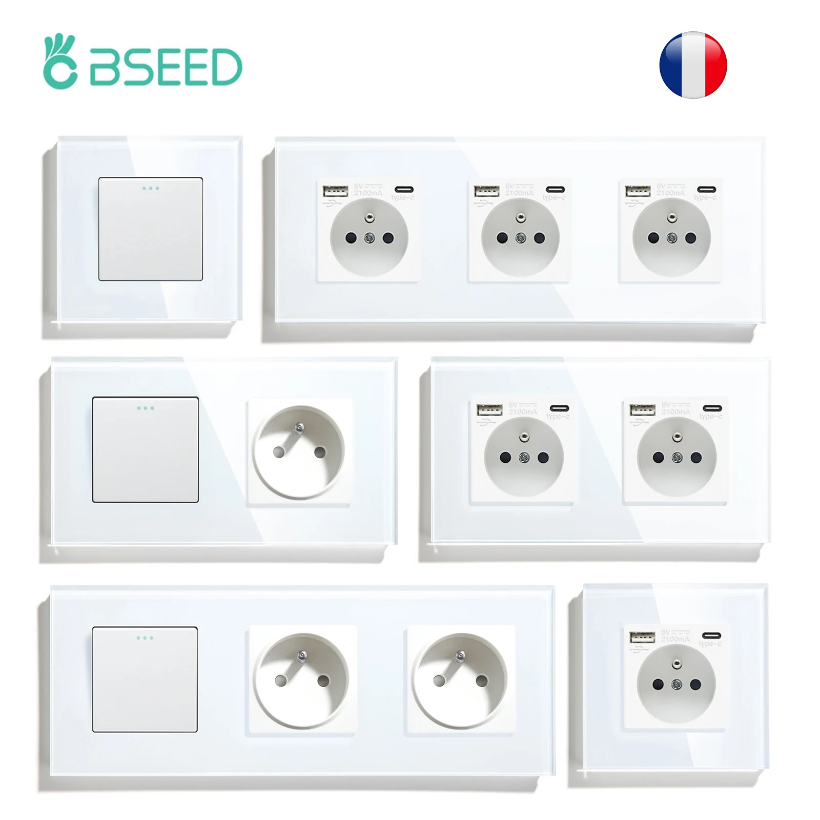 BSEED 1/2/3Gang Mechanical Wall Light Switches 1Way Plus French Socket USB Type-c Ports USB Power Sockets Glass Frame 16A