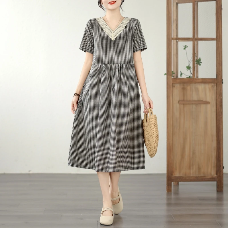 

Ретро-платье в клетку для женщин, летнее, новое, с V-образным вырезом, кружевными вставками, свободного кроя, стройнящее, длиной выше колена, из смесового хлопка и полиэстера