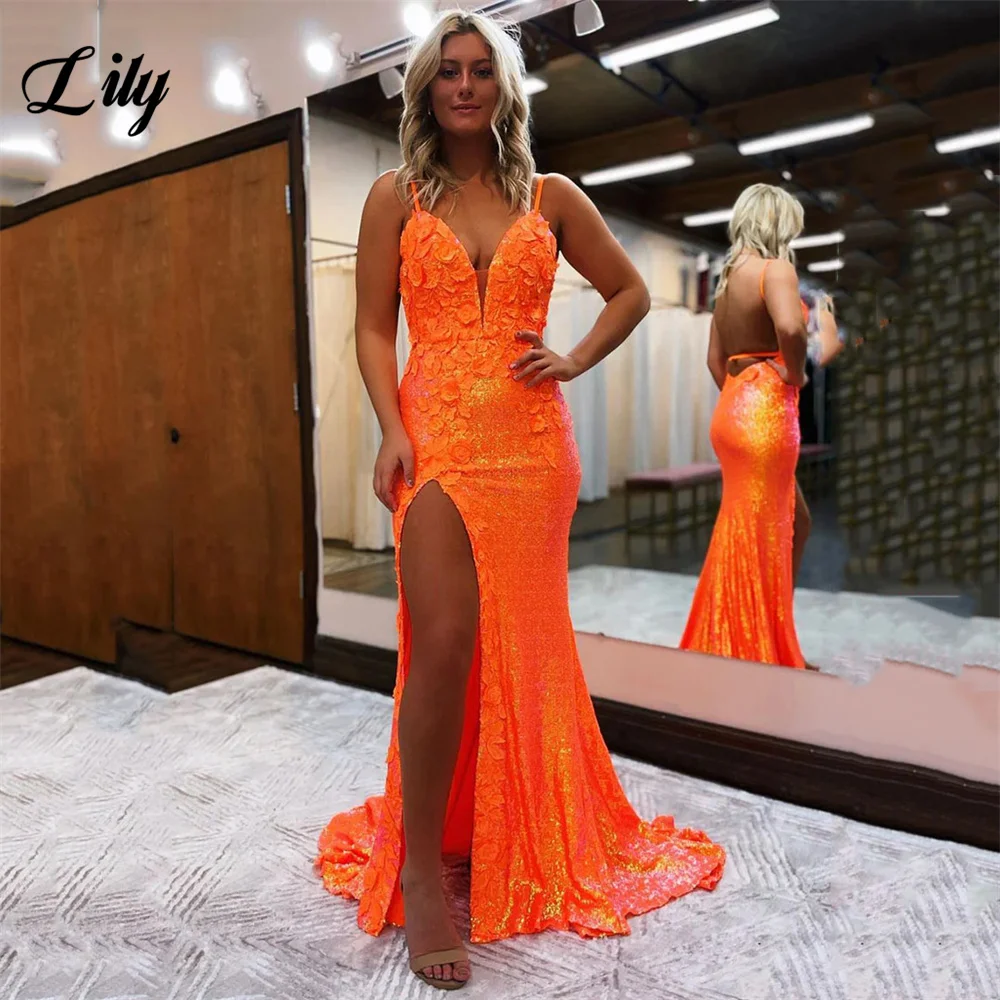 

Lily V Neck Orange Prom Dresses Shining Appliques вечерние платья Spaghetti Strap Evening Dress Side Split Mermaid Party Dresses