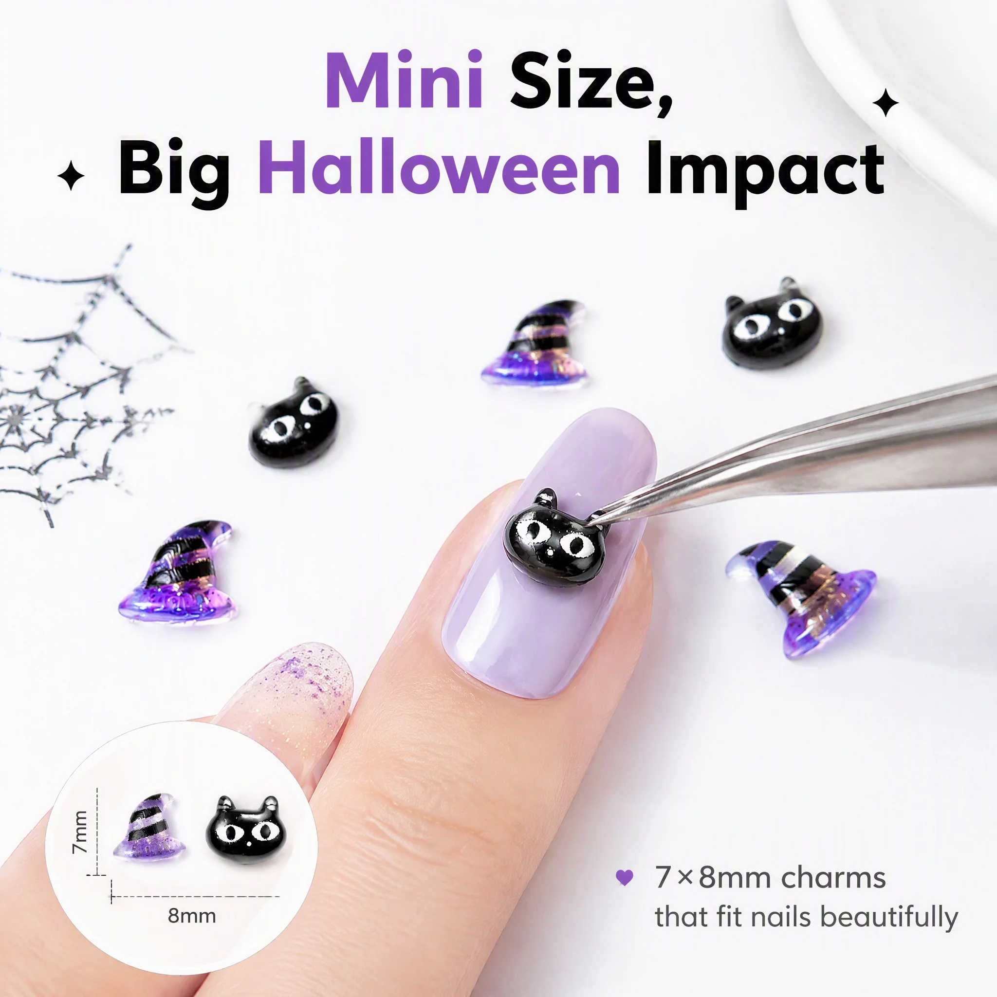 50Pcs 3D Cartoon Resin Nail Charms Mixed Rhinestone Decorations Spider Cat Head Transparent Bow Ghost Heart Manicure Supplies