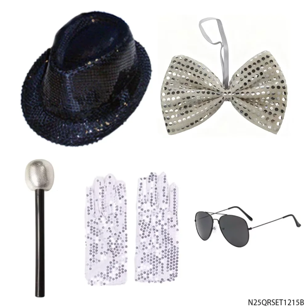 PESENAR 90年代レトロディスコパフォーマンスコスチュームセットスパンコールフェドーラハットボウタイマイクグローブサングラスパーティーアクセサリー