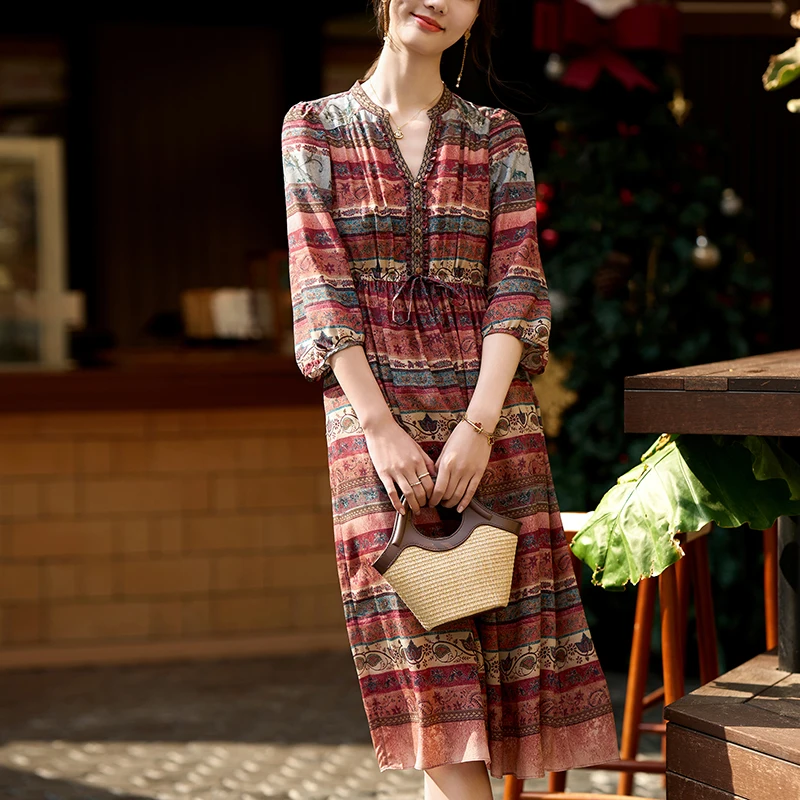 New Ethnic Style Vintage Dresses for Women Summer 2026 Elegant V-neck Three Quarter Sleeve 100% Real Silk Women's Long Dress