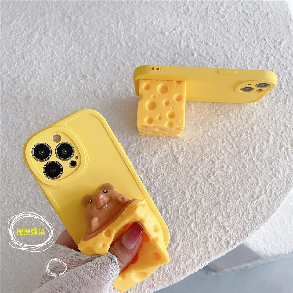 Cute Soft Squishy Yellow Cheese Mouse Phone Case For Iphone X XR XS 11 12 13 Pro Max 7 8 Plus Back Cover Coque Reliver Stress