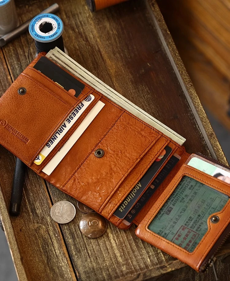 Handmade first-layer cowhide wallet short style genuine leather handmade anti-theft card holder and billfold