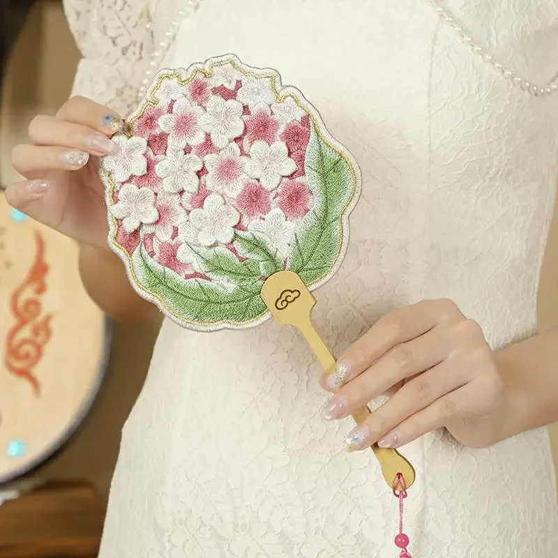 

Vintage Handheld Embroidered Round Fan with Pendant Tassel Chinese Style Women Hand Fan Floral Shaped Group Fan Photography Prop