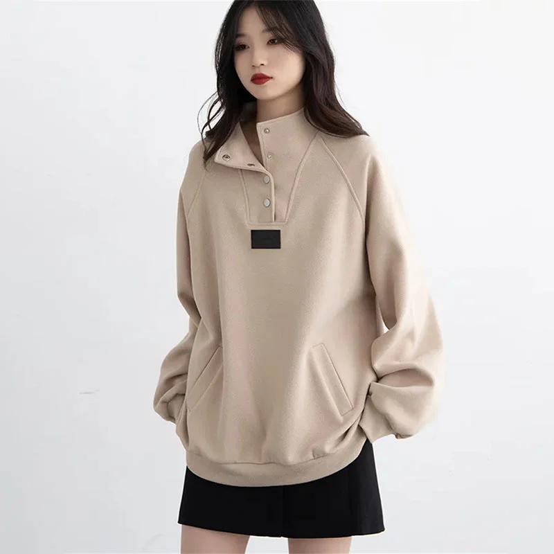 

Stand-Up Collar Half-Open Pullover Sweater Women 2024 Autumn Winter College Style Casual Pocket Tops Long-Sleeved Oversize Coat