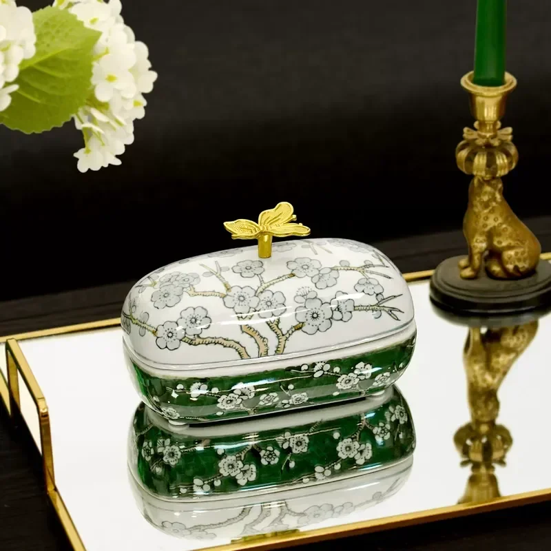 Hand Painted High Temperature Ceramic Jewelry Box with Copper Butterfly Lid Luxury Storage Container New Chinese Style