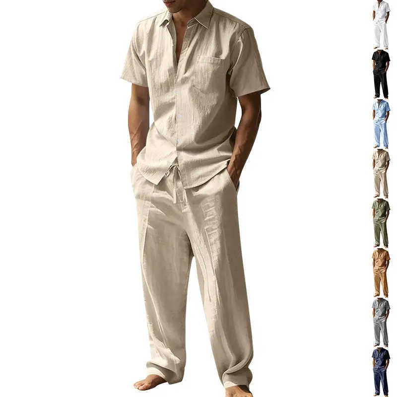 

Summer Linen Short Sleeve Shirt Set Men Casual Long Pants Two Piece Set Transient Men's Clothing Turn-down Collar Youth Fashion