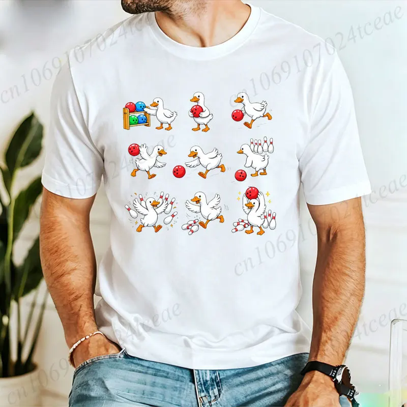 Cute Geese Play Bowling T-shirt Men Funny Cartoon Goose Graphic Tee Shirts Casual O Neck Short Sleeve Tops Sports Gift Tshirts