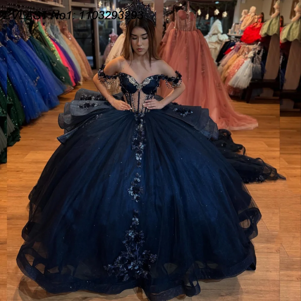 EVLAST Customized Shiny Navy Blue Quinceanera Dress Ball Gown Applique Beading Tiered Corset Sweet 16 Vestido De 15 Anos E1Q421