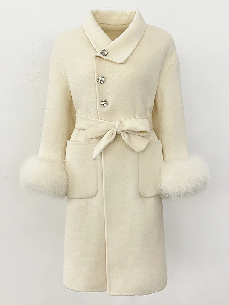 เสื้อโค้ทขนสัตว์แท้สำหรับผู้หญิง แฟชั่นฤดูใบไม้ร่วง-ฤดูหนาว ปี 2025  พร้อมเข็มขัดยาว  ผ้าขนสัตว์แคชเมียร์ผสมขนจิ้งจอกธรรมชาติ