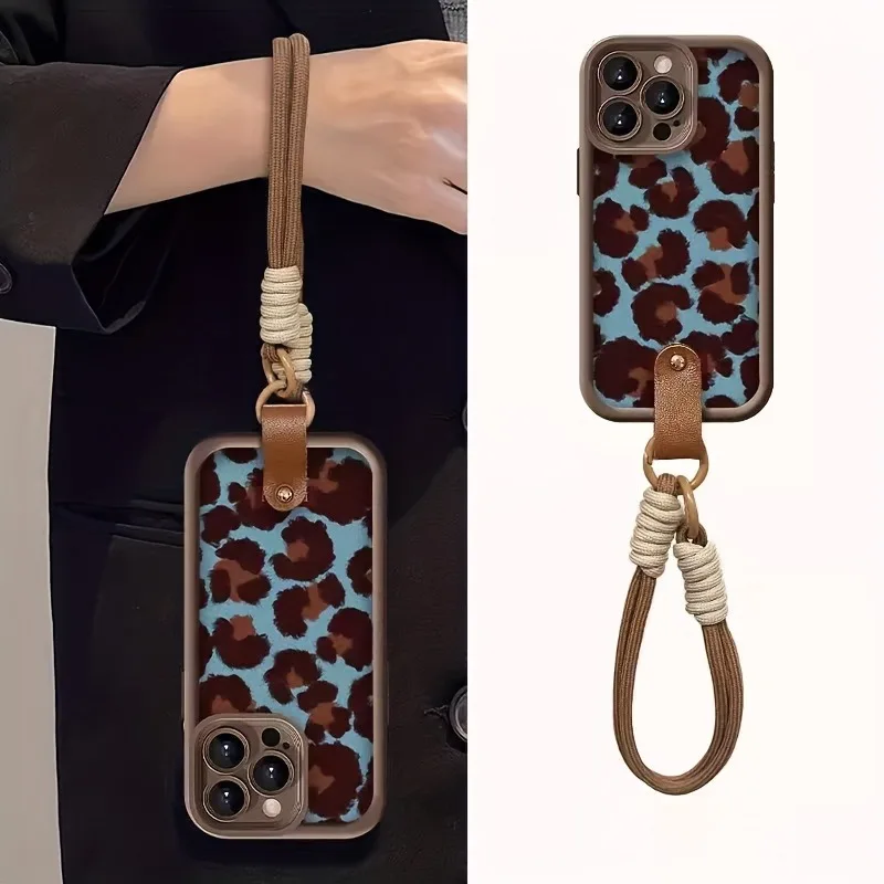 Retro Blaues Leopardenmuster Lanyard-Handyhalter für iPhone 14 15 16 17 ProMax 15 14 13 Pro Plus Stoßfeste Matte Silikonhülle – Detail 6