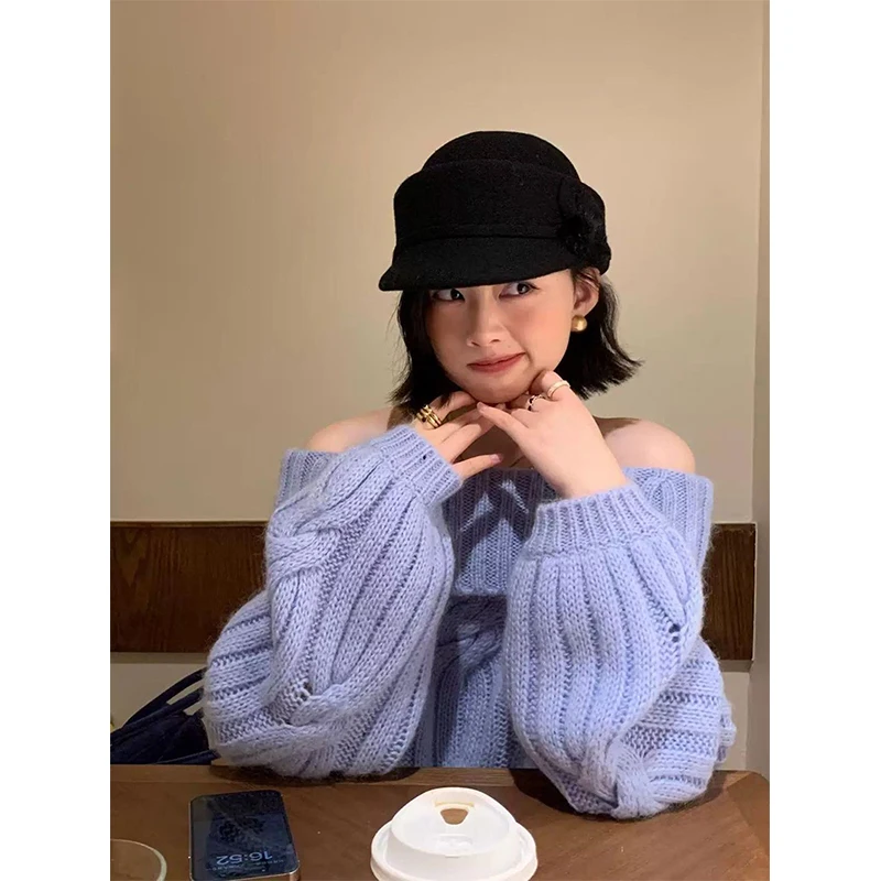 Slash Neck Sweater Women Fashion Sexy Off Shoulder Knitted Pullovers Streetwear Korean Long Sleeve Knitwears Winter Jumpers New