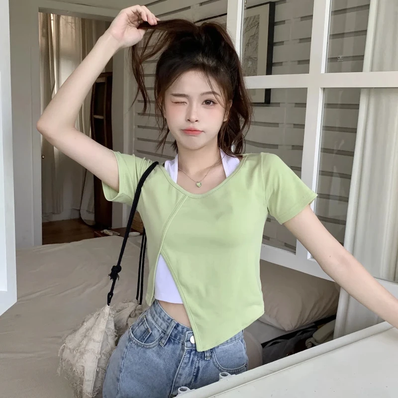 Korean Simplicity Contrasting Colors Short T Shirts Summer New Casual Off Shoulder Tops Tees Youth Sweet Fashion Women Clothing