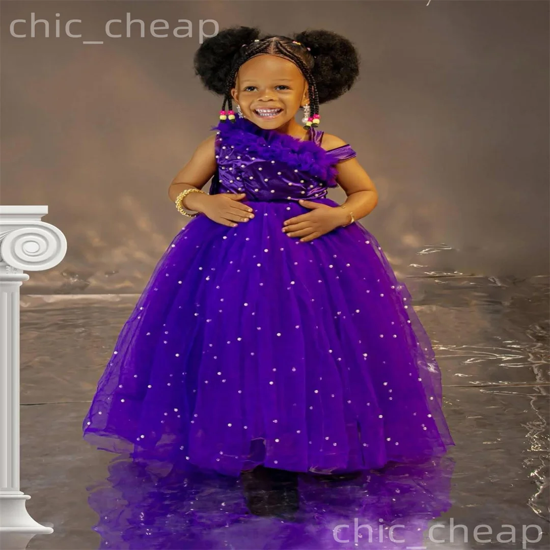 

Customized Princess Flower Girl Dress Puff Sleeves Satin Fluffy Little Baby Girls Princess Birthday Party Ball Evening Gowns