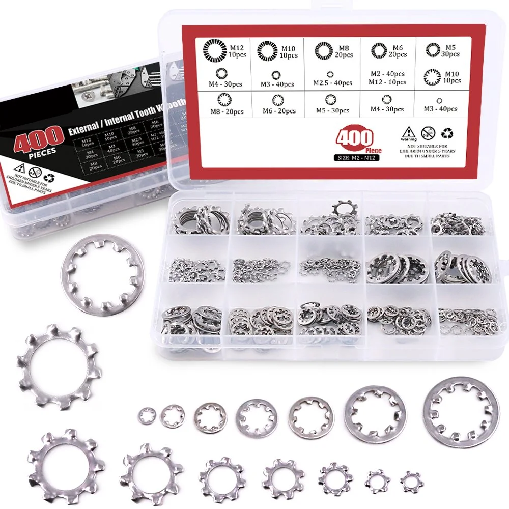 400Pcs 304 Stainless Steel Washer External Internal Tooth Star Lock Washers Gasket Assortment Kit M2 M3 M4 M5 M6 M8 M10 M12 Ring