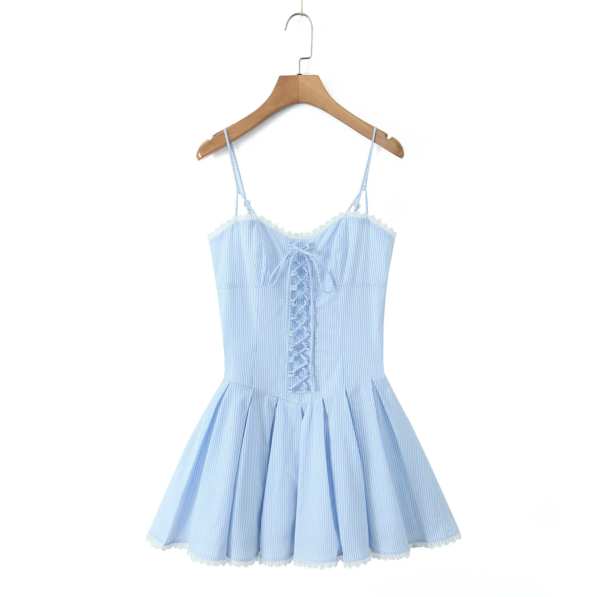 2025 Sexy Blue Striped Mini Sling Dress Women Cross Lacing Up Front Low Waist Splice Lace Pleated Hem Dresses Back Zipper Robe