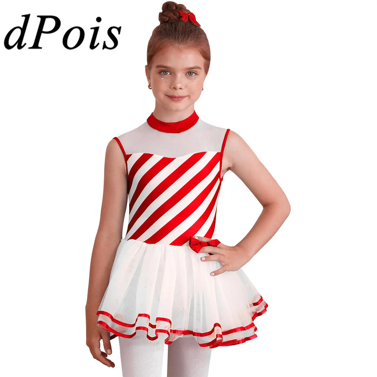 

Girls Cosplay Christmas Candy Cane Costumes Striped Dress Up Mesh Trim Tutu Skirt 2025 New Year Holiday Clothes Xmas Jumpsuit