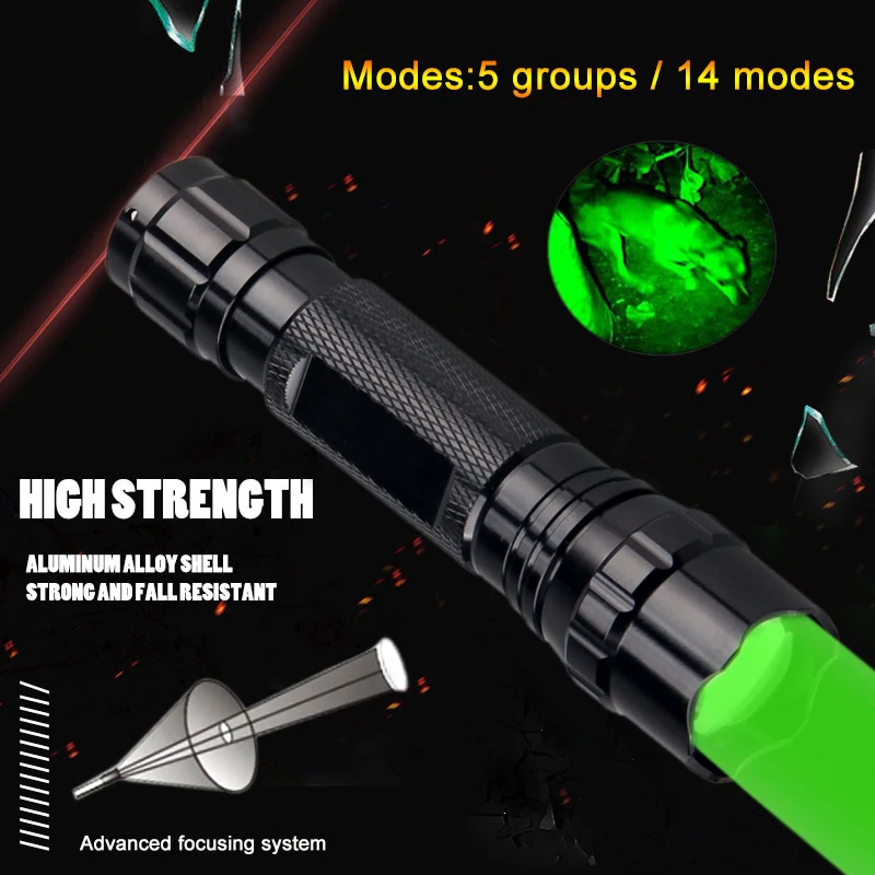 Tactical Hunting Flashlight Green LED Torch 5 Modes Type-C Fast Charging Zoomable Lantern Power by 18650 Battery for Camping