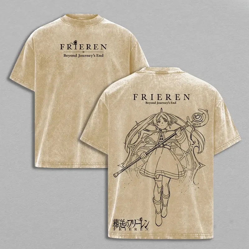 Vintage Washed Hot Anime Frieren Beyond Journey's End Clothing Men Women Tshirts Cotton Tee Retro Loose Casual T-shirt