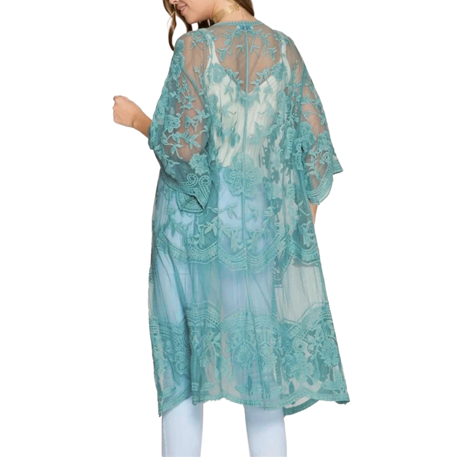 Cárdigan informal de moda para mujer, ropa de playa, Color sólido, manga 3/4, transparente, bordado de flores