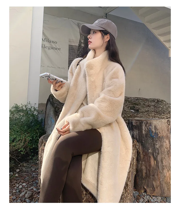 Women's Thick Faux Mink Fur Mid-length Coat Autumn Winter Fashion Stand Collar Plush Outerwear Women Elegant Warm Fluffy Jackets
