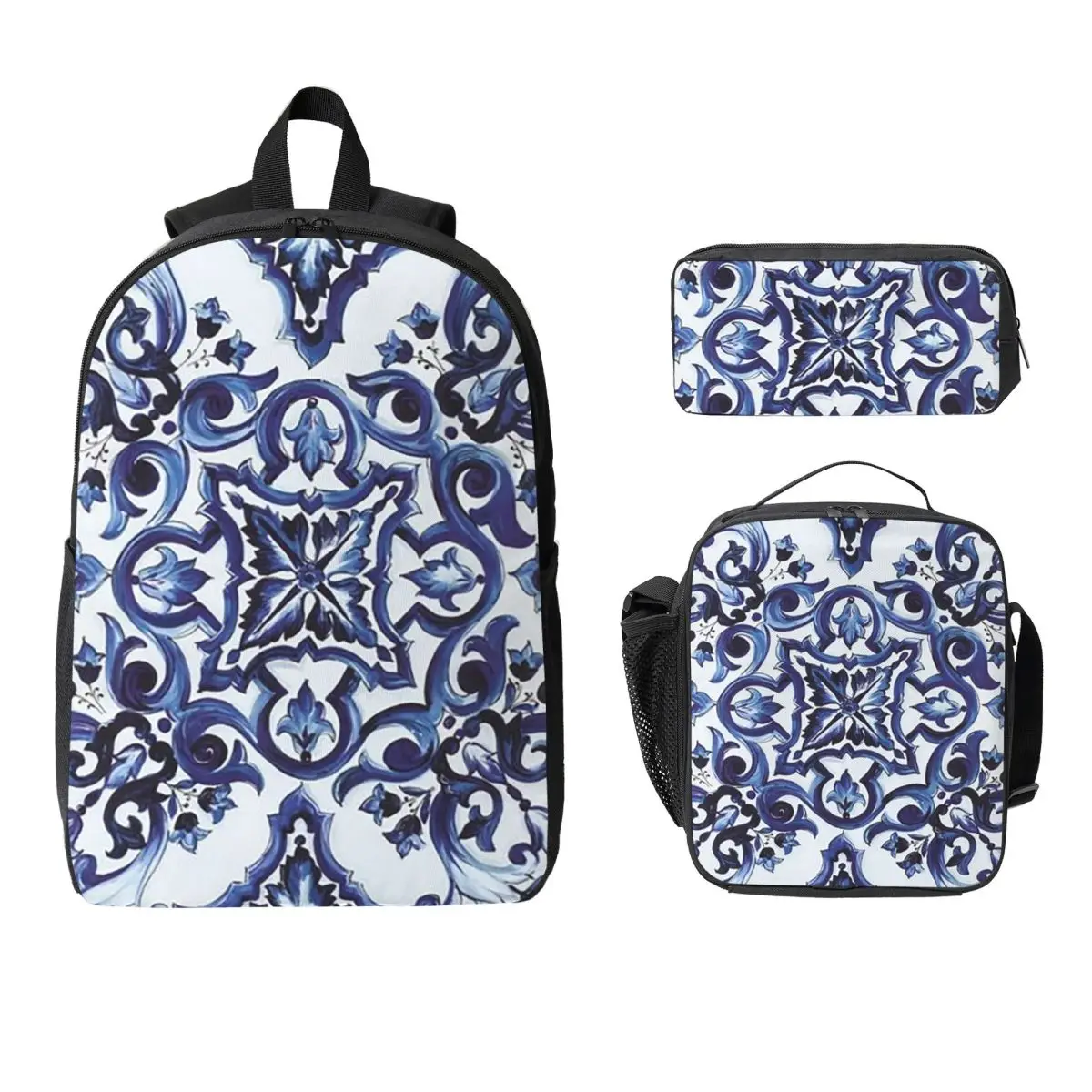 Blue Ornate Floral Mediterranean Sicilian Tile Backpack BookBag School Bag Shoulder Bags 3ps Insulated Lunch Bag Pencil Case