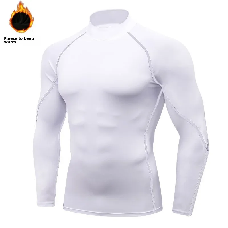 Ropa de gimnasio de terciopelo de invierno, top de secado rápido de baloncesto cálido de manga larga con cuello alto para hombre