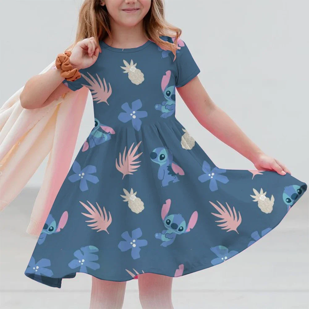 

Cartoon Girls Dress Disney Stitch Pattern Children Clothes Princess Dresses Summer Casual Kids Home Wear Girl Birthday Clothing