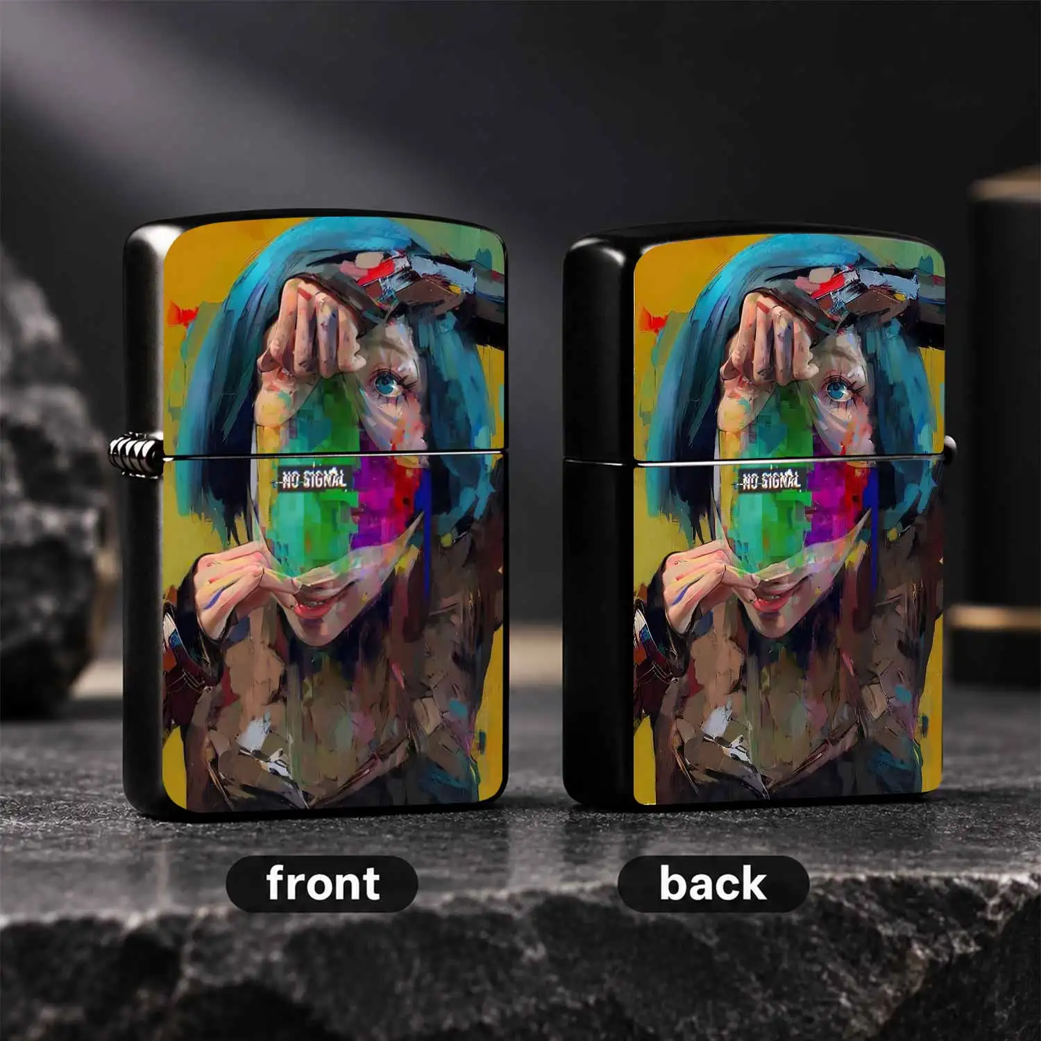 Trendy Art Style No Signal Abstract Portrait Printed Lighter, Creative Blue Hair Oil Painting Style Portable Igniter, Ideal For Daily Travel Outdoor Gathering Multi Scenarios, Unique Cool Practical Carry-On Gift For Friends, Exquisite Decor