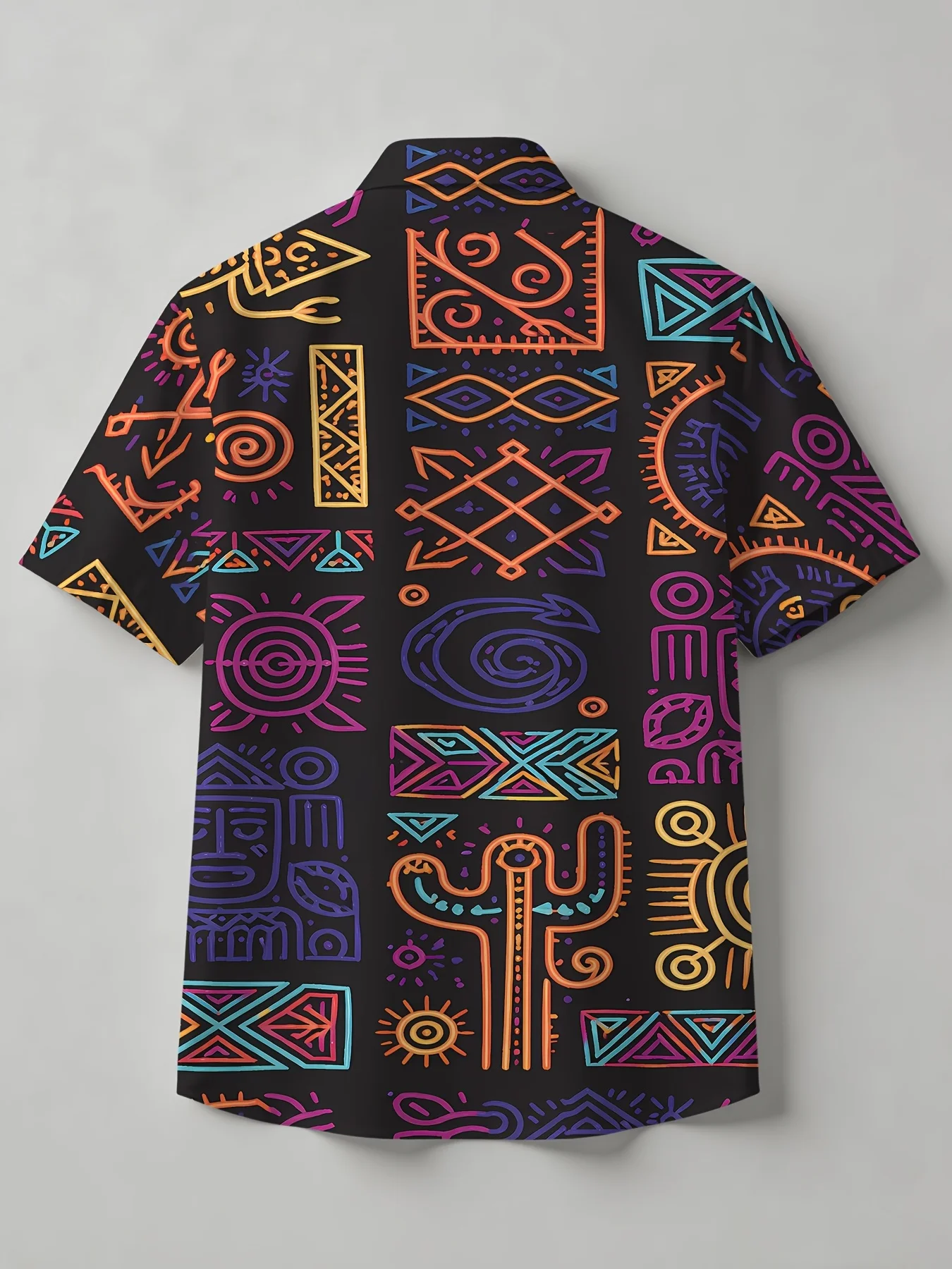 Men Short Sleeve Shirt Black Tribal Ethnic Geometric Cactus Print Turn‑Down Collar Hawaiian Casual Tops